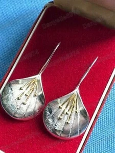 Pendientes colgantes vintage estilo Art Nouveau plata 925/oro flor de lirio bitono largos - Imagen 1 de 12