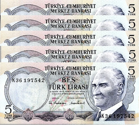 Turkey 5 Lira 1970 (1976),  AUNC / UNC, 5 PCS Lot, P-185, Prefix K Cover