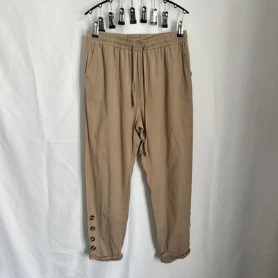 Cotton Casual Pants Women's Drawstring Button Detail Khaki Trousers - Image 1 of 4