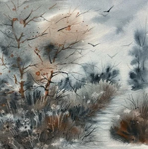 Pamela Wilhelm Original Watercolor 7”X7” Gray Rust Loose Landscape Trees Path - Picture 1 of 4