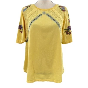 Sundance Yellow Floral Embroidered Lace Peasant Blouse Top T-Shirt Womens Large - Picture 1 of 9