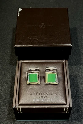 Gemelos cuadrados de abulón ágata verde plata esterlina 925 Tateossian London Foto 1 de 4