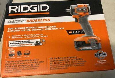 New Ridgid R872081K  18V SubCompact Brushless 4-Mode 1/2 in. Impact Wrench Kit - Image 1 of 4