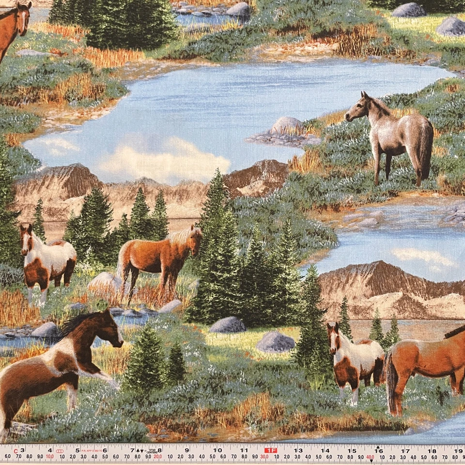 Roaming Wild Kevin Daniel Wilmington Prints Horses Cotton Fabric Remnant 22 x 42 - Image 1 of 2