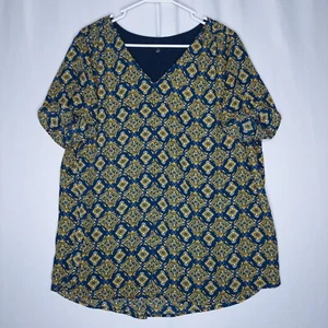 Hawthorne 41 Top 2X Women Blue Yellow Short Split Flutter Sleeve V-Neck Lined - Picture 1 of 9