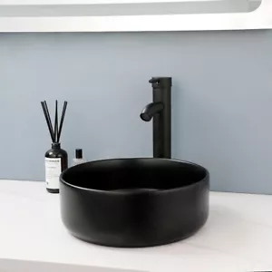 Bathroom Ceramic Vessel Sink Black Round Single Handle&Hole Mixer Deck Mount Tap - Picture 1 of 8