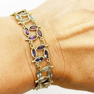 Pulsera única oro amarillo 14k multi piedras preciosas amatista púrpura azul índigo RG - Imagen 1 de 8