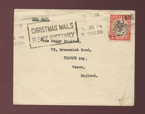 CEYLON UNSEALED MAIL 1950 SEA MAIL to GB 4c MACHINE SLOGAN CANCEL CHRISTMAS MAIL - Picture 1 of 1