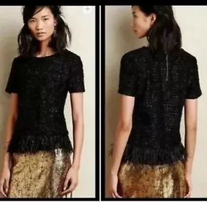 Deletta Anthropologie Top Womens Sz Small Shimmer Sequin Tweed Feather - Picture 1 of 15