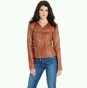 NWT Guess by Marciano brown Pruitt 100% Lamb Leather Moto stitching Jacket Sz S - Picture 1 of 6