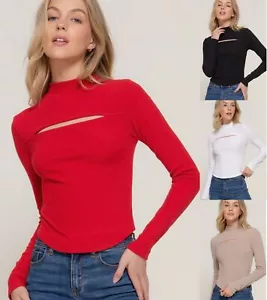 Women's Mock Neck Shirt Top Long Sleeve Cut-out Soft Stretch Basic Rib Knit - Picture 1 of 21