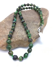 Green Nugget Graduated Turquoise Navajo Sterling Silver Necklace 8102 - Bild 1 von 12