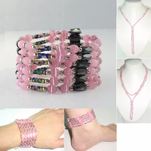 FASHION MAGNETS Hematit / Eye cats / Enamel Pink Necklace Bracelet 39" - Picture 1 of 3