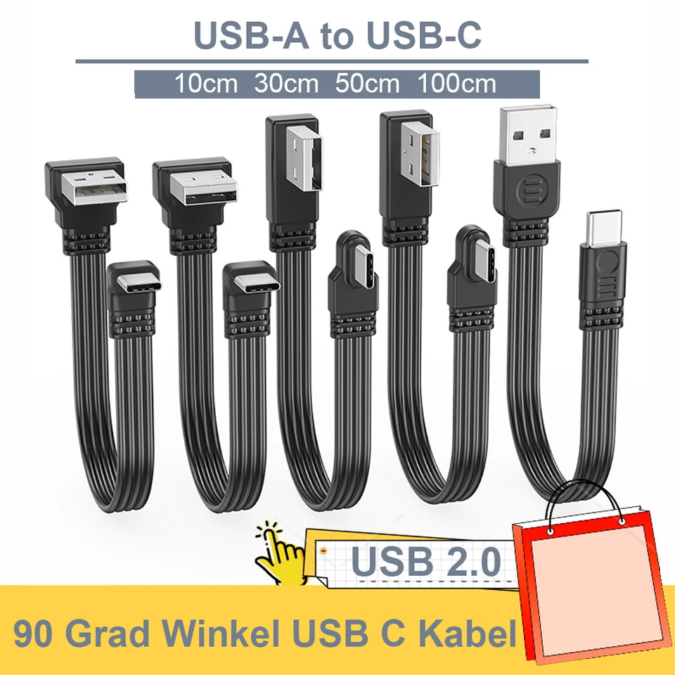 USB Kabel USB A Stecker auf USB-C Stecker 90 Grad Winkel Type-C Kabel 10cm-100cm - Bild 1 von 4