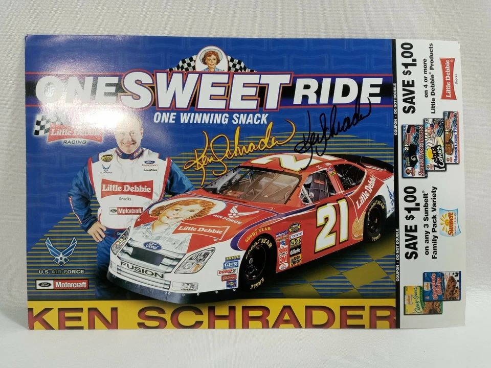 Publicidad con foto firmada por la pequeña Debbie #21 autógrafo de Nascar Ken Schrader  Foto 1 de 4
