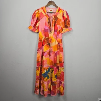 Farm Rio Anthropologie Midi M Dress Orange Short Puff Sleeve Tiered Boho Beach - Image 1 of 4