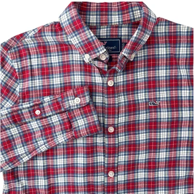 VINEYARD VINES Boys Med (12-14) Red & Blue Plaid Flannel Button Down Whale Shirt - Image 1 of 4
