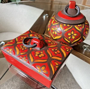 Italian Mid Century Ceramic Boxes Pair Red Yellow Floral Hand Painted Italy - Picture 1 of 24