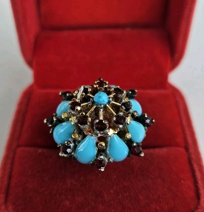 Vtg Victorian Sterling Silver Sleeping Beauty Turquoise & Garnet Ring Sz 5.5&11g - Image 1 of 4