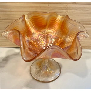 Vintage Carnival Glass Peacock Tail Ruffled Edge Compote- Fenton Marigold - Picture 1 of 6
