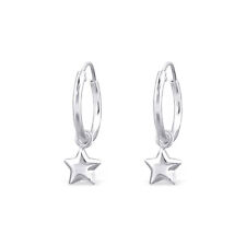 925 Sterling Silver Hanging Star Sleeper Hoop Earrings Kids Girls 12mm