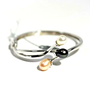 Solid Sterling Silver Black White Cultured Pearl Bangle Bracelet by IPS - Picture 1 of 12