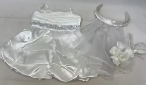 Build-A-Bear White Satin Wedding Dress Sequin Veil Headband & Flower Bouquet BAB - Picture 1 of 7