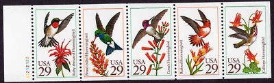 Scott #2646a Hummingbirds Pane of 5 Stamps w/Tab & Plate # - MNH P#A2212122 - Image 1 of 2