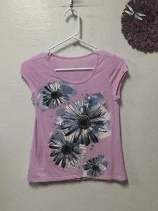 Justice Girls Top Size 12 Pink Lavender Floral Graphic Cap Sleeves 53 - Picture 1 of 4