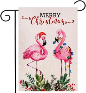 Merry Christmas Flamingo Garden Flag 12.5 X 18 Inch Double Sided, Watercolor Pin - Picture 1 of 7