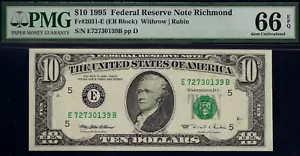 1995 $10 Federal Reserve Note PMG 66EPQ top pop highest graded EB blck Fr 2031-E - Picture 1 of 3