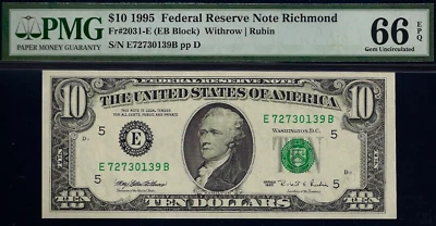 1995 $10 Federal Reserve Note PMG 66EPQ top pop highest graded EB blck Fr 2031-E - Image 1 of 3