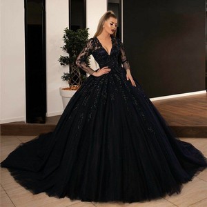 V Neck Ball Gown Black Wedding Dresses 