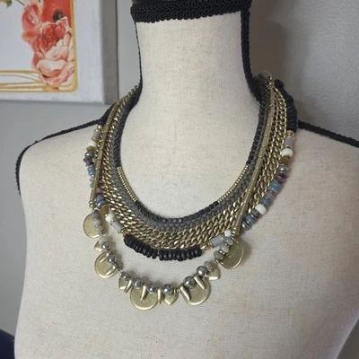 Stella & Dot Collette Statement Necklace Chunky Gold Tone Black Blue Beads - Image 1 of 4
