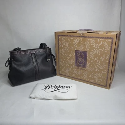 Bolso de Mano Brighton Emma Dos Tonos Cuero Guijarro Negro y Marrón con Caja y Bolsa para el Polvo Foto 1 de 4