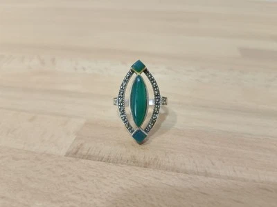 Anello Vintage Argento 925 Agata Verde E Marcasite - Immagine 1 di 4