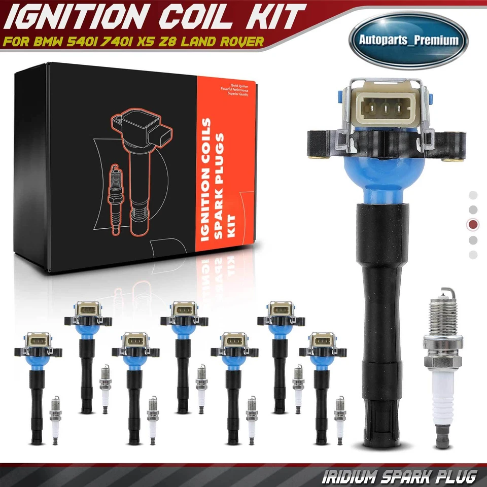 8x bobina de ignição e 8x kit de vela de ignição de irídio para BMW 740i 740iL M5 Land Rover - Imagem 1 de 4