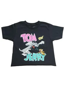 Junior Womens Tom And Jerry Cat Mouse Black Cotton Crop T-Shirt Shirt Top - Picture 1 of 1