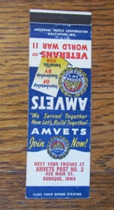 FRATERNAL AMVETS OF WWII MATCHBOOK COVER: DUBUQUE, IOWA VACÍA AÑOS 40 PORTADA B - Imagen 1 de 3