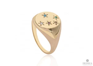 0,05 CT. ANILLO DE SELLO ESTRELLA GRABADO CON DIAMANTES GENUINOS EN ORO 14K JOYERÍA FINA - Imagen 1 de 7