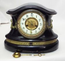 Old Antique Waterbury Clock Co. Black Mantle Shelf Clock Porcelain Dial -Runs-