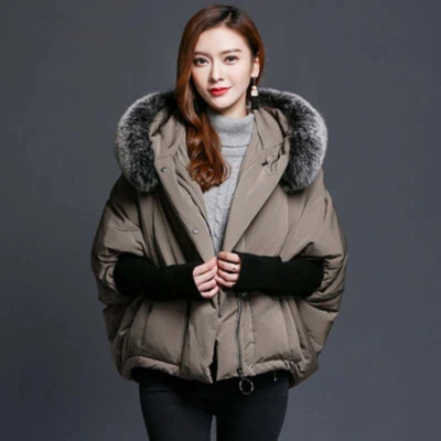 Jaqueta feminina de pele de raposa real com capuz capa manga asa de morcego tamanho M-6XL - Imagem 1 de 4