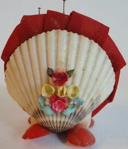 Handmade 1900's Decorative Footed Clam Shell Needle Pin Cushion Holder Red Fabri - Picture 1 of 1
