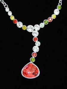 AUTHENTIC Swarovski Signed Orange Green Crystal Drop Silvertone Collar Necklace - Picture 1 of 5