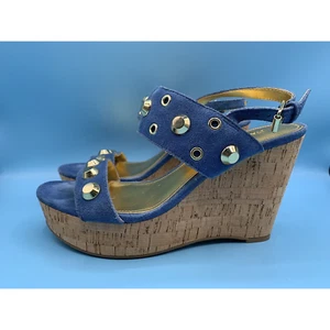 IVANKA TRUMP GITTY Blue Leather Studded Wedges Sandals Slingback Women's Sz 6.5 - Picture 1 of 13
