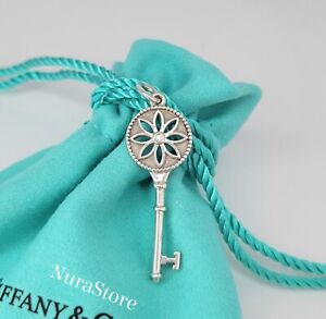 Tiffany & Co. Daisy Diamond Key Pendant 1.5" Sterling Silver Charm authentic S