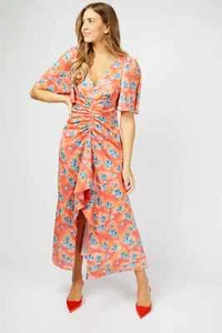 Little Mistress Malorie Maxi Dress Womens 14 Orange Floral Flutter Sleeve JDM734 - Picture 1 of 10