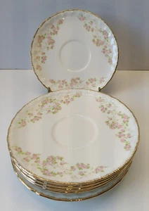 Pope Gosser Sterling 39 Teacup Saucers Pink Flowers w/Gold Trim Set of 7 - Picture 1 of 16