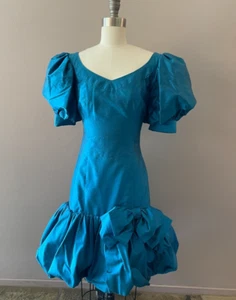 Vintage 80s Dress Silk Taffeta Poof Balloon Sleeve Knee Length Blue Custom 4 - Picture 1 of 5