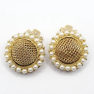 Kramer Mesh Dome Gold Tone with Faux Pearl Frame Border Vintage 1960s Earrings - Picture 1 of 21